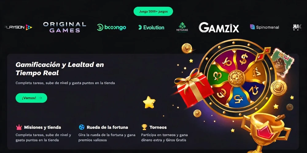 Suite de lealtad Bet On Red con una rueda de la fortuna interactiva y misiones de recompensa.